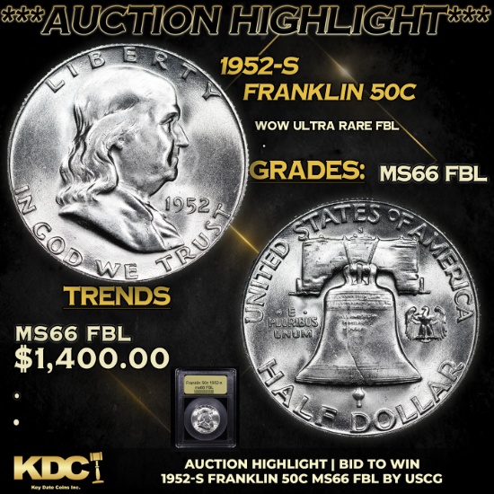 ***Auction Highlight*** 1952-s Franklin Half Dollar 50c Graded GEM+ FBL By USCG (fc)