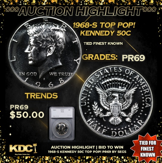 Proof 1968-s Kennedy Half Dollar TOP POP! 50c Graded pr69 By SEGS