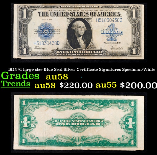 1923 Speelman/White $1 large size Blue Seal Silver Certificate Grades Choice AU/BU Slider