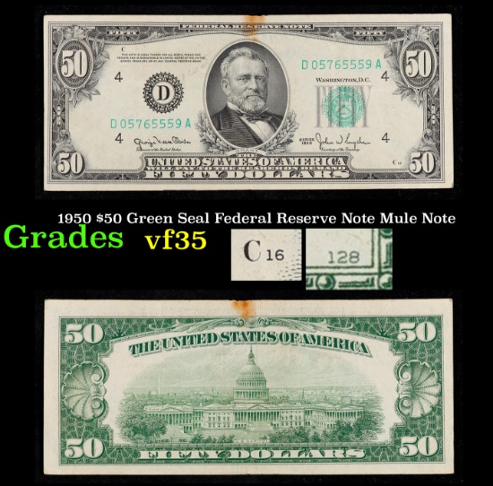 1950 $50 Green Seal Federal Reserve Note Mule Note Grades vf++