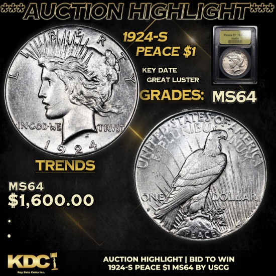 ***Auction Highlight*** 1924-s Peace Dollar 1 Graded Choice Unc By USCG (fc)