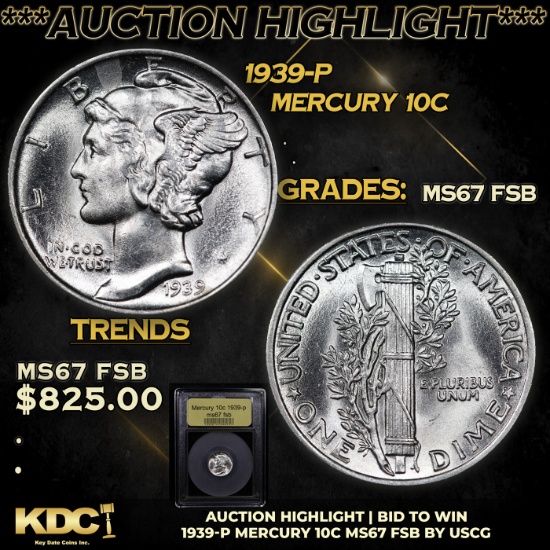 ***Auction Highlight*** 1939-p Mercury Dime 10c Graded GEM++ FSB By USCG (fc)