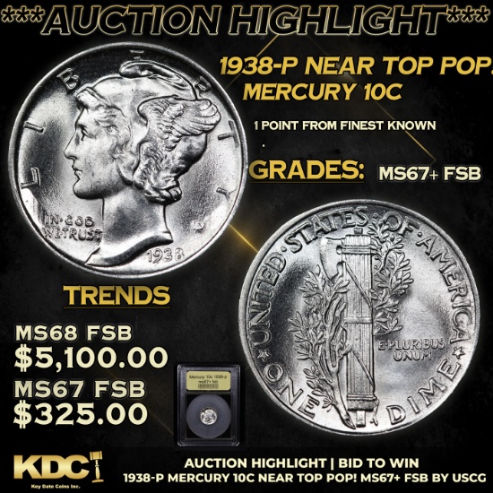 ***Auction Highlight*** 1938-p Mercury Dime Near Top Pop! 10c Graded GEM++ FSB By USCG (fc)