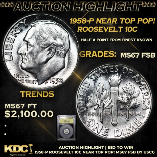 ***Auction Highlight*** 1958-p Roosevelt Dime Near Top Pop! 10c Graded GEM++ FT BY USCG (fc)