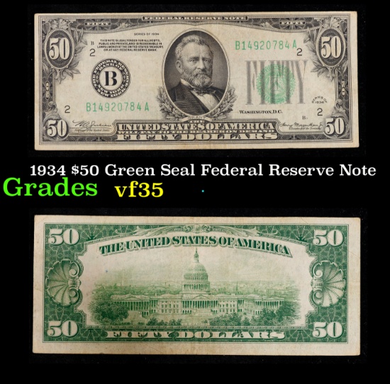 1934 $50 Green Seal Federal Reserve Note Grades vf++