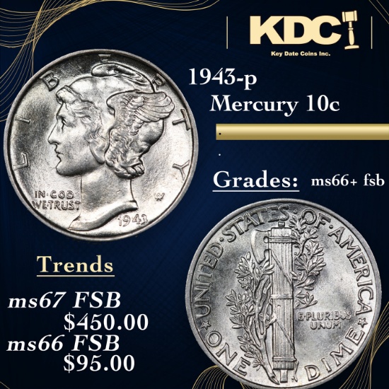 1943-p Mercury Dime 10c Grades GEM++ FSB