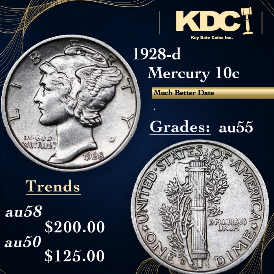 1928-d Mercury Dime 10c Grades Choice AU