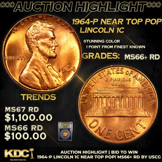 ***Auction Highlight*** 1964-p Lincoln Cent Near Top Pop! 1c Graded GEM++ RD BY USCG (fc)