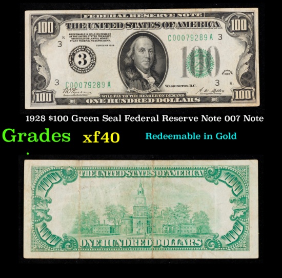 1928 $100 Green Seal Federal Reserve Note 007 Note Grades xf