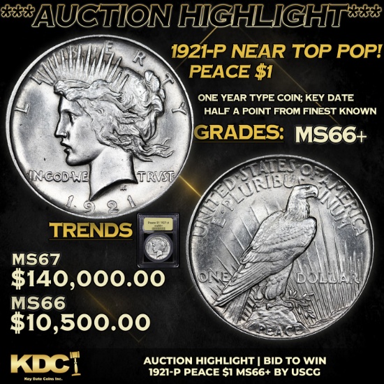 ***Auction Highlight*** 1921-p Peace Dollar $1 Graded GEM++ Unc By USCG (fc)