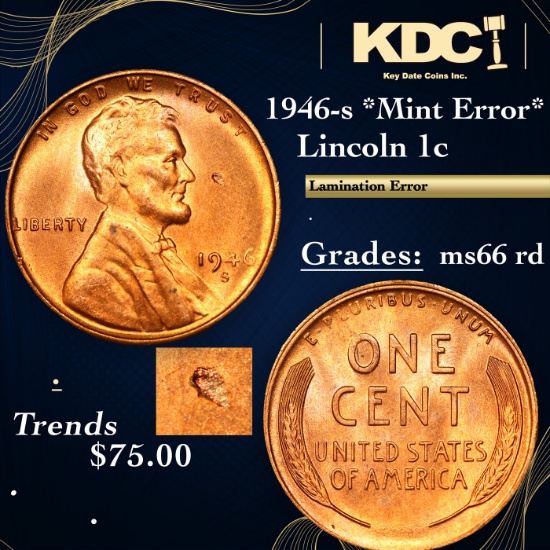 1946-s Lincoln Cent *Mint Error* 1c Grades GEM+ Unc RD