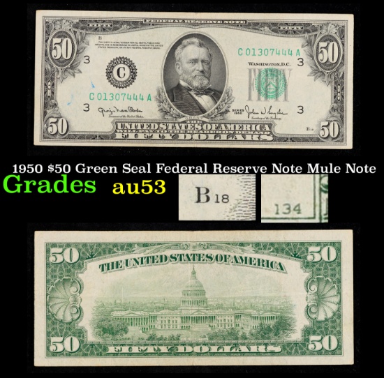 1950 $50 Green Seal Federal Reserve Note Mule Note Grades Select AU