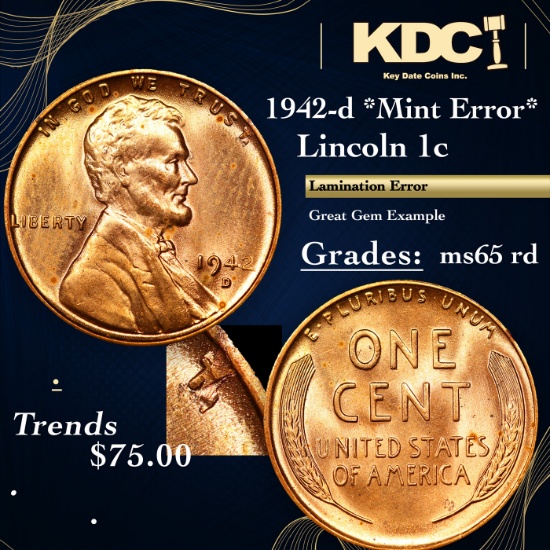 1942-d Lincoln Cent *Mint Error* 1c Grades GEM Unc RD