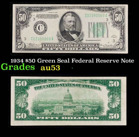 1934 $50 Green Seal Federal Reserve Note Grades Select AU