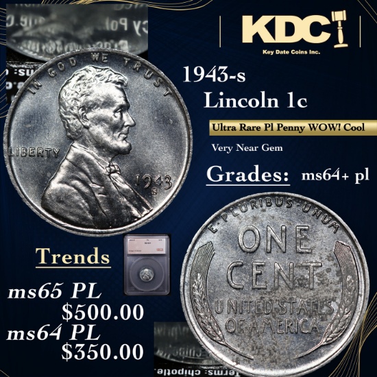 1943-s Lincoln Cent 1c Graded ms64+ pl By SEGS