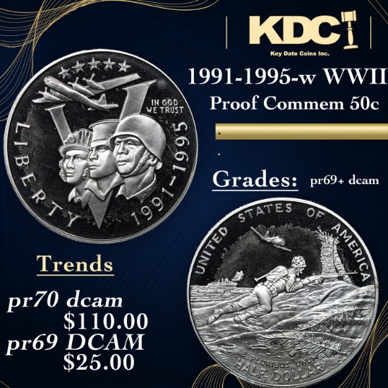 Proof 1991-1995-w WWII Modern Commem Half Dollar 50c Grades GEM++ Proof Deep Cameo