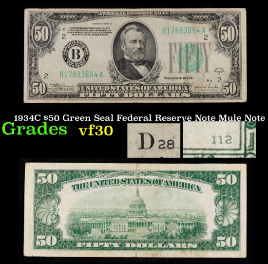 1934C $50 Green Seal Federal Reserve Note Mule Note Grades vf++