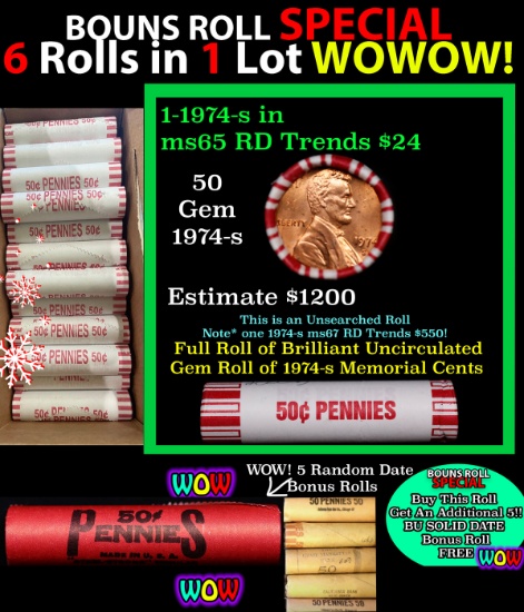 THIS AUCTION ONLY! BU Shotgun Lincoln 1c roll, 1974-s 50 pcs Plus FIVE bonus random date BU roll! Ba