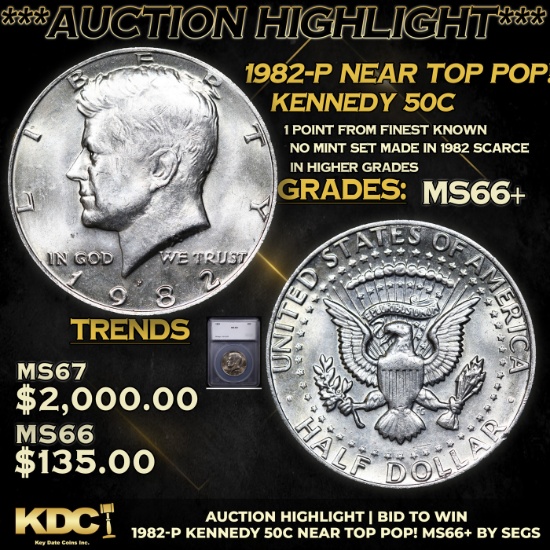 ***Auction Highlight*** 1982-p Kennedy Half Dollar Near TOP POP! 50c Graded ms66+ BY SEGS (fc)