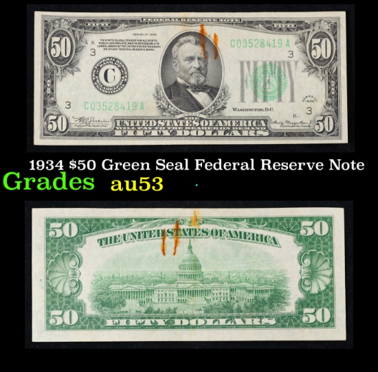 1934 $50 Green Seal Federal Reserve Note Grades Select AU