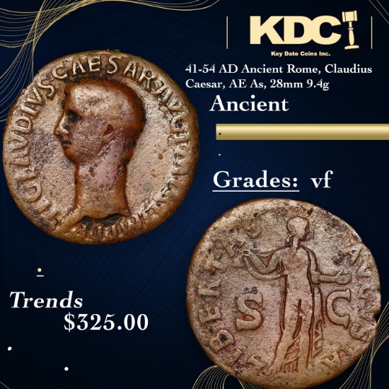 41-54 AD Ancient Rome, Claudius Caesar, AE As, 28mm 9.4g Ancient Grades vf