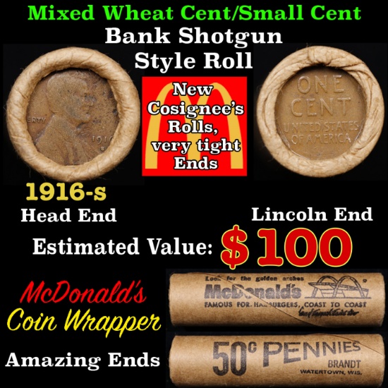 Lincoln Wheat Cent 1c Mixed Roll Orig Brandt McDonalds Wrapper, 1916-s end, Wheat other end
