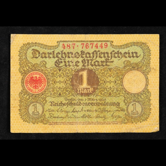 1920 Germany 1 Mark Banknote P# 58 Grades Choice AU/BU Slider