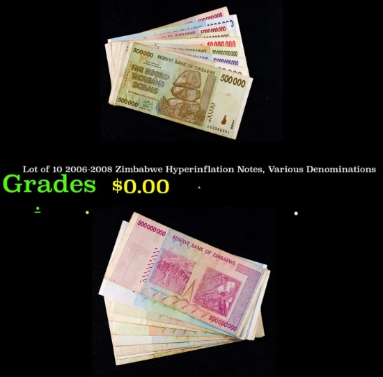 Lot of 5 2007-2008 Zimbabwe Banknotes, Denomination Set 10 Million Dollars to 10 Billion Dollars Gra