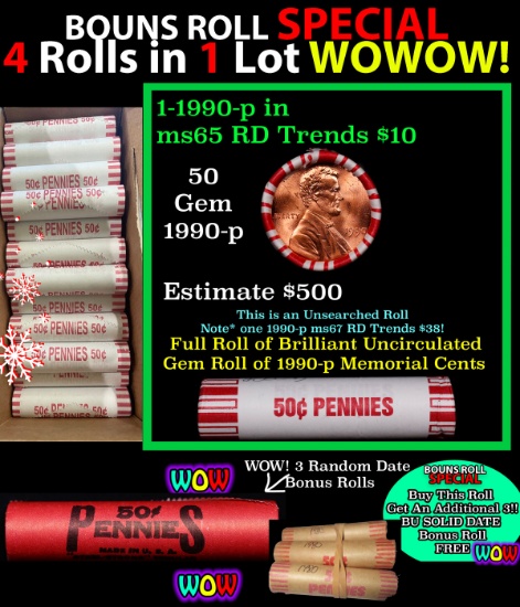 THIS AUCTION ONLY! BU Shotgun Lincoln 1c roll, 1990-p 50 pcs Plus THREE bonus random date BU roll! B