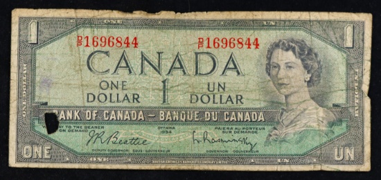 1961-1972 (1954 Modified Hair Issue) Canada 1 Dollar Banknote P# 75b, Sig. Beattie & Rasminsky vf de