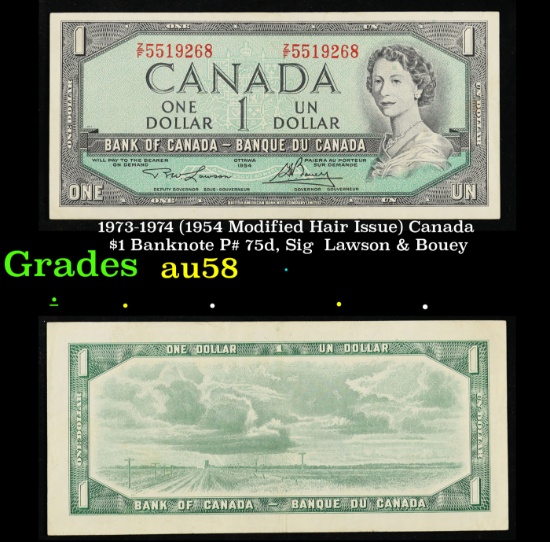 1973-1974 (1954 Modified Hair Issue) Canada $1 Banknote P# 75d, Sig. Lawson & Bouey Grades Choice AU