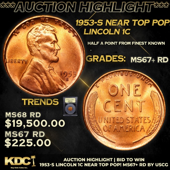 ***Auction Highlight*** 1953-s Lincoln Cent Near Top Pop! 1c Graded GEM++ RD By USCG (fc)