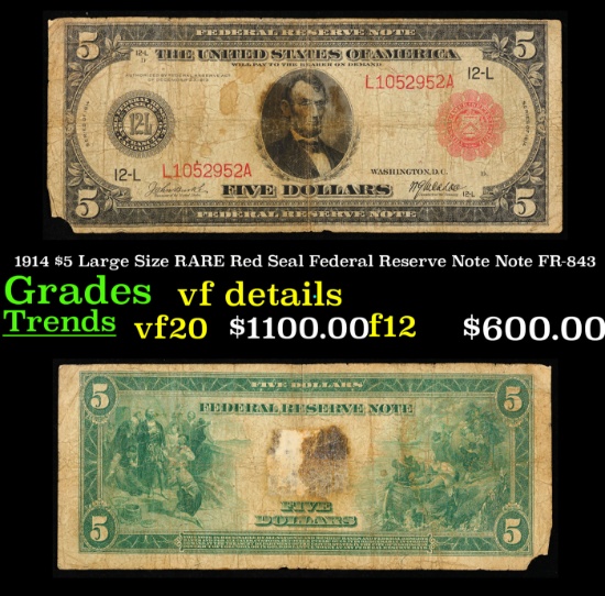 1914 $5 Large Size RARE Red Seal Federal Reserve Note Grades Vf details FR-843.