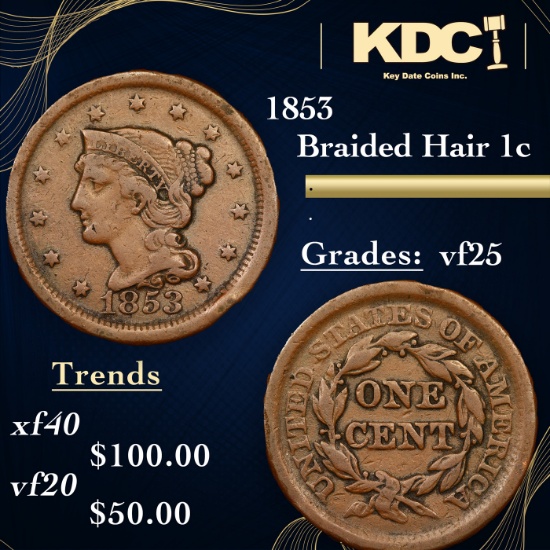 1853 Braided Hair Large Cent 1c Grades vf+