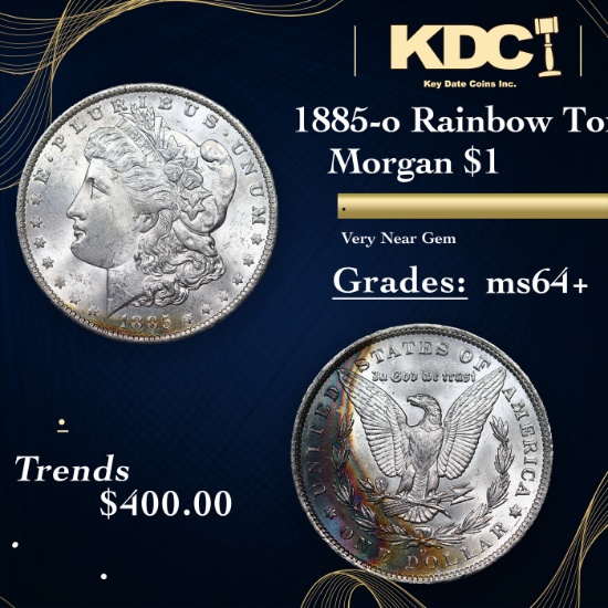 1885-o Morgan Dollar Rainbow Toned 1 Graded ms64+ By SEGS
