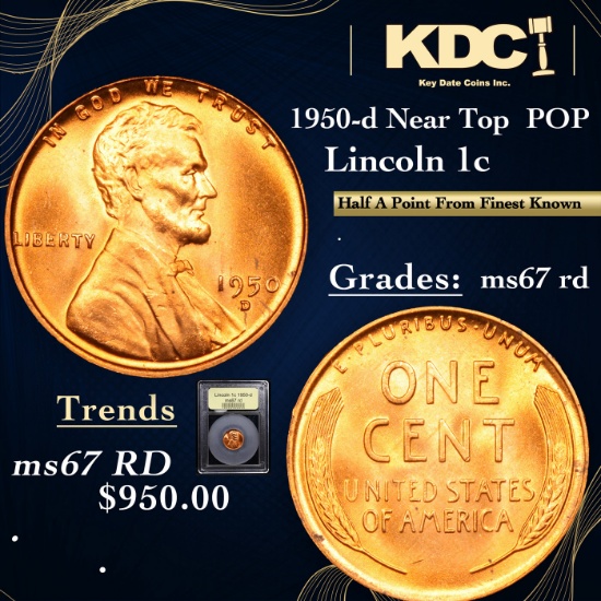 1950-d Lincoln Cent Near Top  POP 1c Graded GEM++ Unc RD By USCG