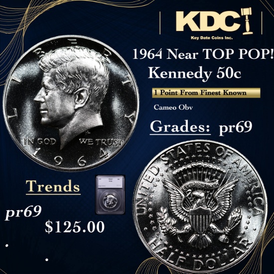 1964 Near TOP POP! Kennedy Half Dollar 50c Graded pr69  BY SEGS.