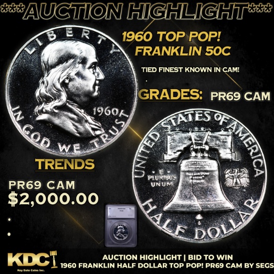Proof ***Auction Highlight*** 1960 Franklin Half Dollar TOP POP! 50c Graded pr69 CAM BY SEGS (fc)