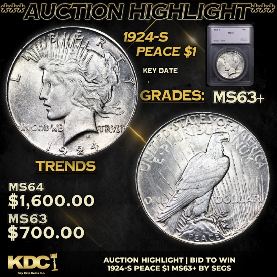 ***Auction Highlight*** 1924-s Peace Dollar 1 Graded ms63+ By SEGS (fc)