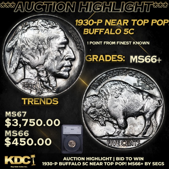 ***Auction Highlight*** 1930-p Buffalo Nickel Near Top Pop! 5c Graded ms66+ By SEGS (fc)