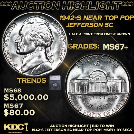 ***Auction Highlight*** 1942-s Jefferson Nickel Near Top Pop! 5c Graded ms67+ BY SEGS (fc)