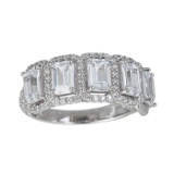 Decadence Sterling Silver 4x6mm Emerald Cut Halo Pave Anniversary Band With arc work size 8