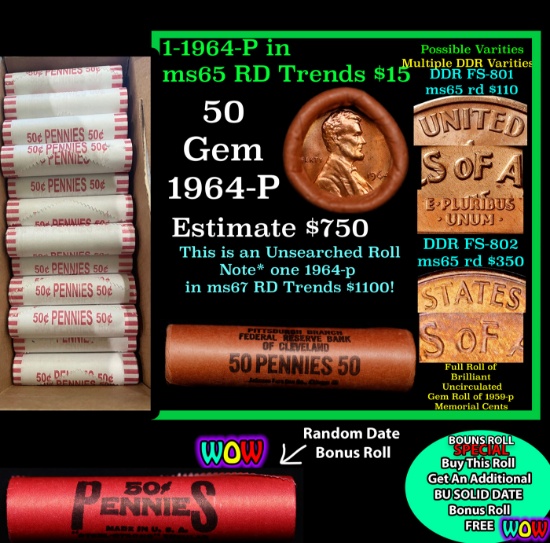 THIS AUCTION ONLY! BU Shotgun Lincoln 1c roll, 1964-p 50 pcs Plus one bonus random date BU roll! Ban