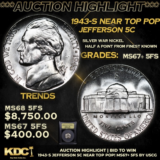 ***Auction Highlight*** 1943-s Jefferson Nickel Near Top Pop! 5c Graded GEM++ 5fs By USCG (fc)
