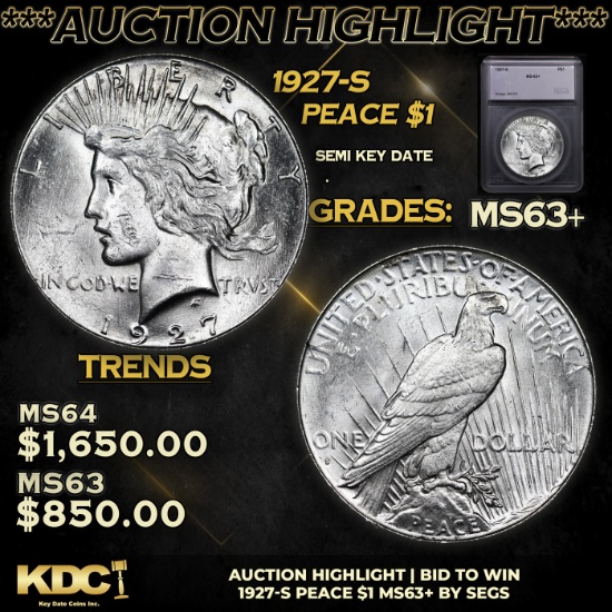 ***Auction Highlight*** 1927-s Peace Dollar $1 Graded ms63+ BY SEGS (fc)