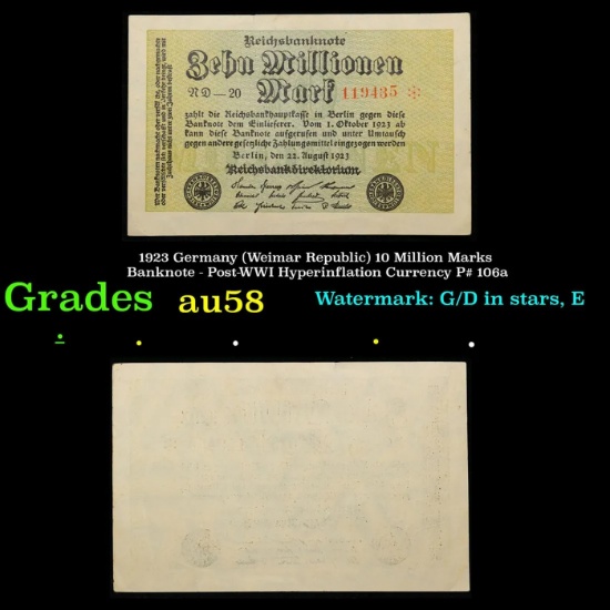 1923 Germany (Weimar) 10 Million Marks Hyperinflation Note P# 106a, Watermark G/D in Stars Grades vf
