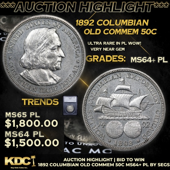 ***Auction Highlight*** 1892 Columbian Old Commem Half Dollar 50c Graded ms64+ pl BY SEGS (fc)