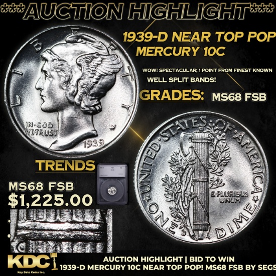 ***Auction Highlight*** 1939-d Mercury Dime Near Top Pop! 10c Graded ms68 fsb By SEGS (fc)