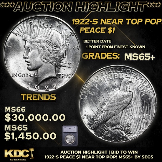 ***Auction Highlight*** 1922-s Peace Dollar Near Top Pop! $1 Graded ms65+ BY SEGS (fc)
