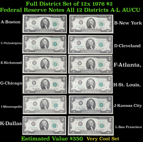 Full District Set of 12x 1976 $2 Federal Reserve Notes All 12 Districts A-L AU/CU